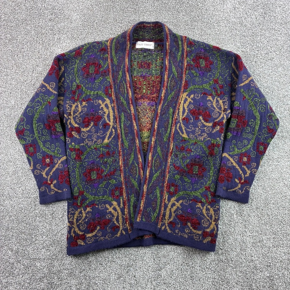 Vintage Past Times Cardigan Sweater Women's L Floral Tapestry Purple Wool Blend